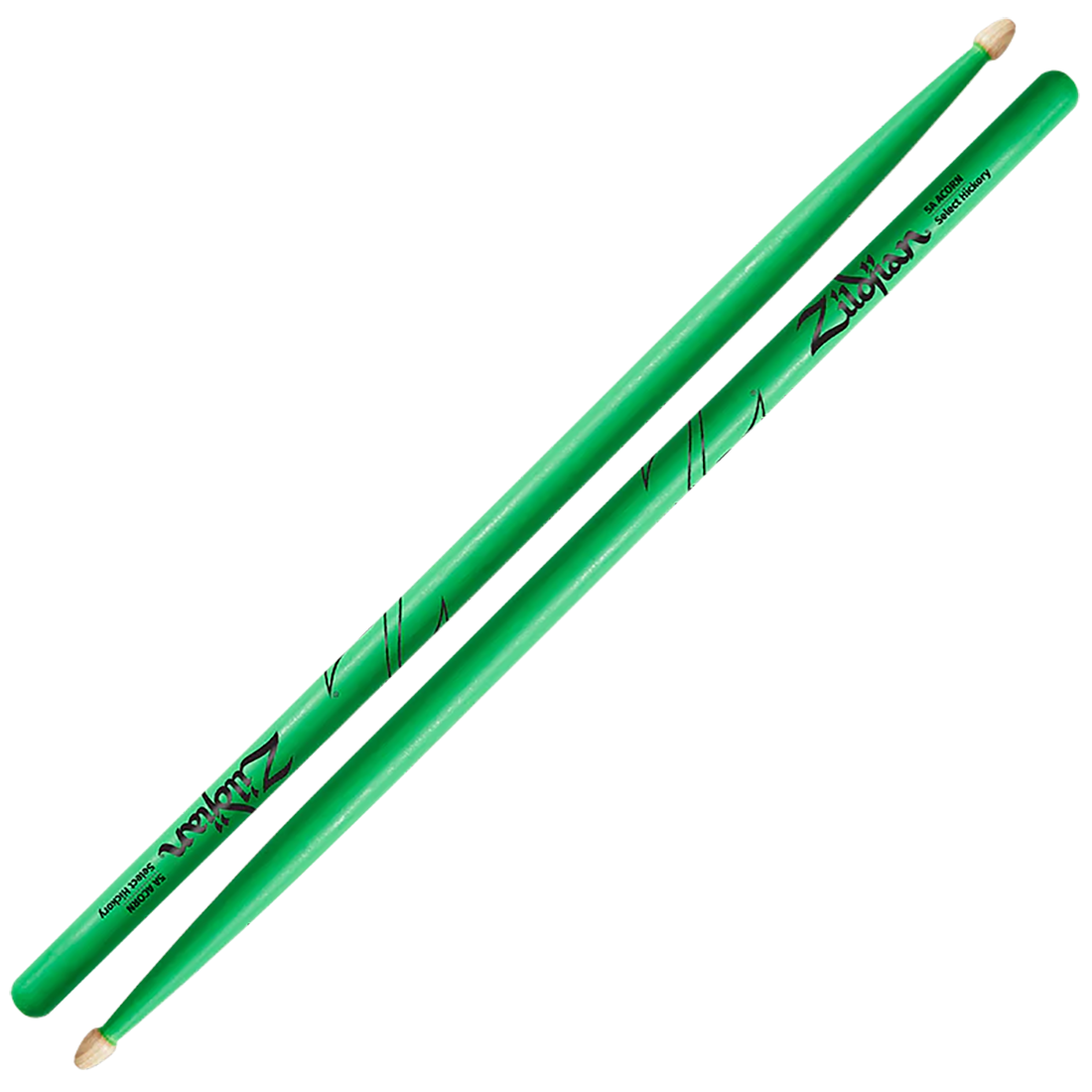 Zildjian   Hickory Drumsticks  5A Acorn Wood Tip Neon Green