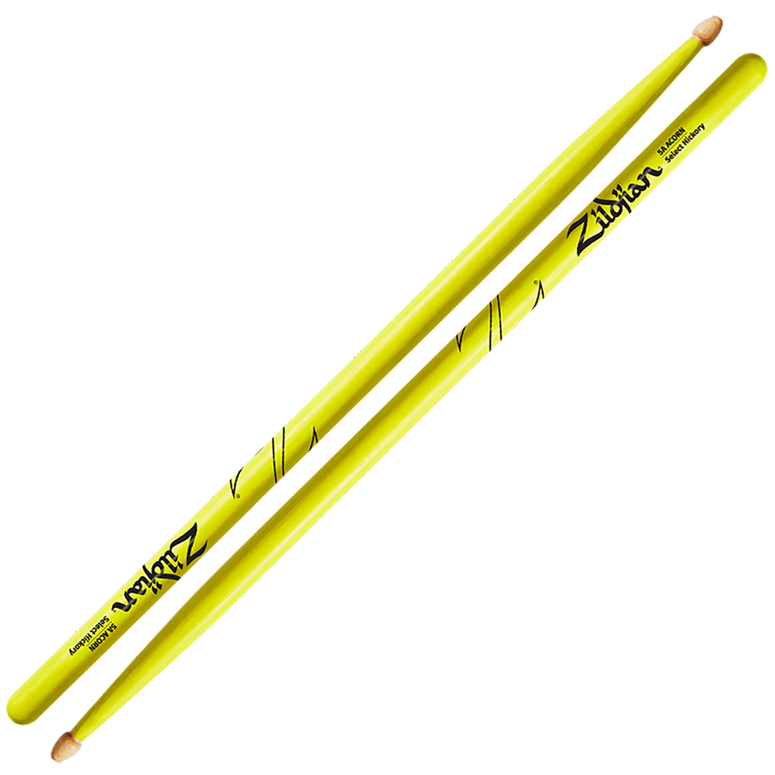 Zildjian   Hickory Drumsticks  5A Acorn Wood Tip Neon Yellow