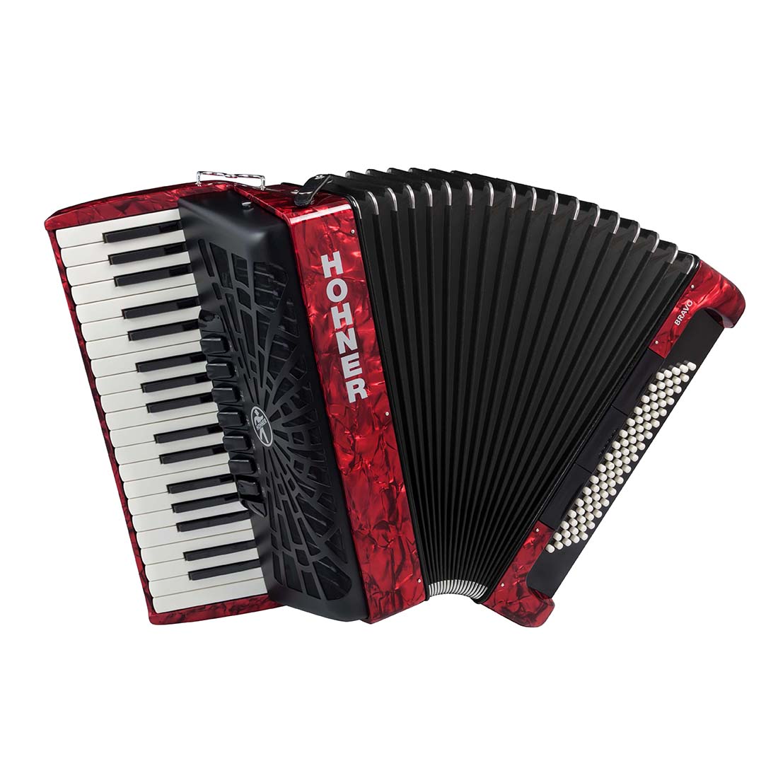 Hohner Bravo III 80 Bass Chromatic Accordion In Red Pearl with Padded Gig Bag and Straps