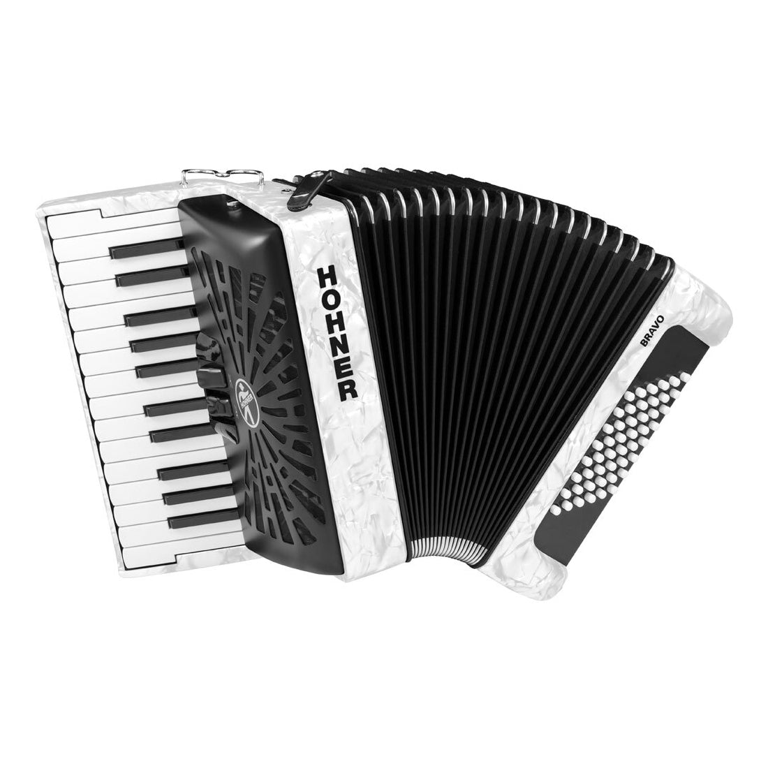 Hohner Bravo II 48 Bass Chromatic Accordion in White Pearl with Padded Gig Bag and Straps