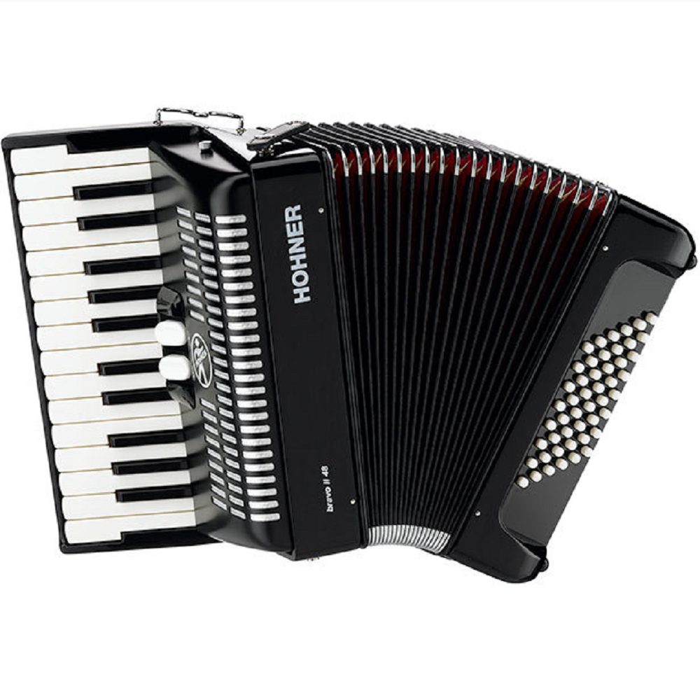 Hohner A16522 Bravo II 48 Bass Chromatic Accordion in Black with Padded Gig Bag and Straps