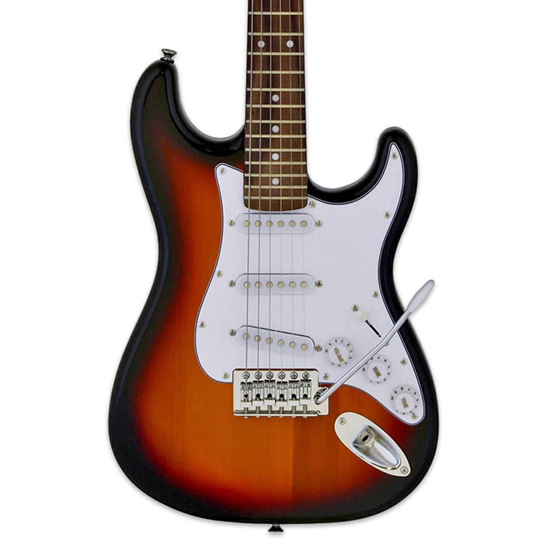 Aria STG-MINI Series 3/4 Size Electric Guitar in 3-Tone Sunburst with Pickups 3 x Single Coil