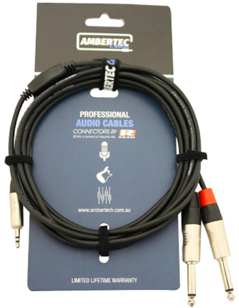 Ambertech 1.5m Y-Cable REAN 3.5mm TRS Plug - 2 x 6.35mm TS Plug