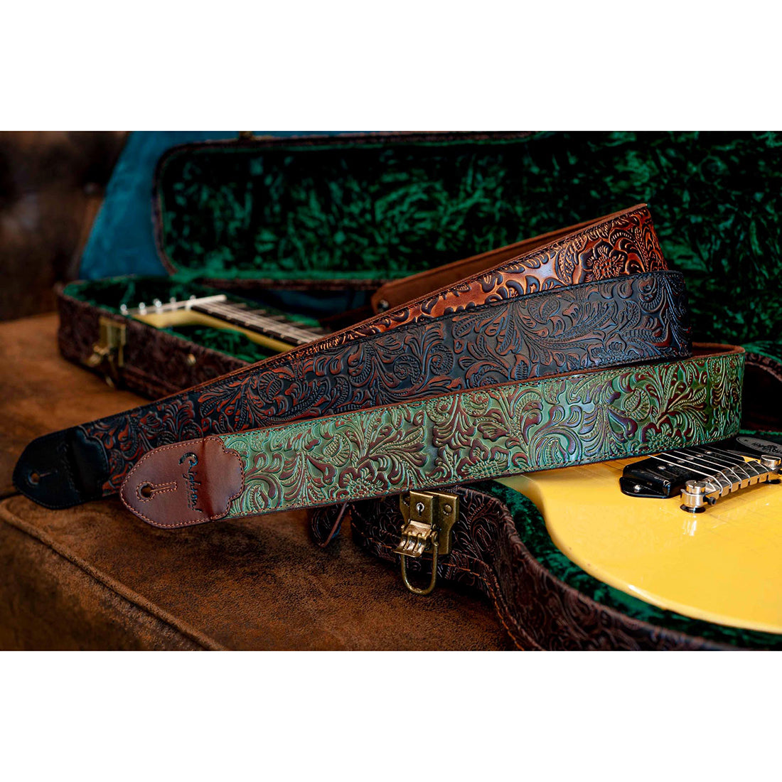 Right On Straps LEATHERCRAFT Blackguard Teal Guitar Strap