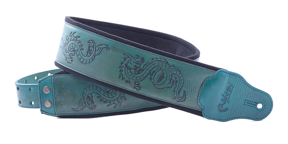 Right On Straps LEATHERCRAFT Dragons Teal Guitar Strap