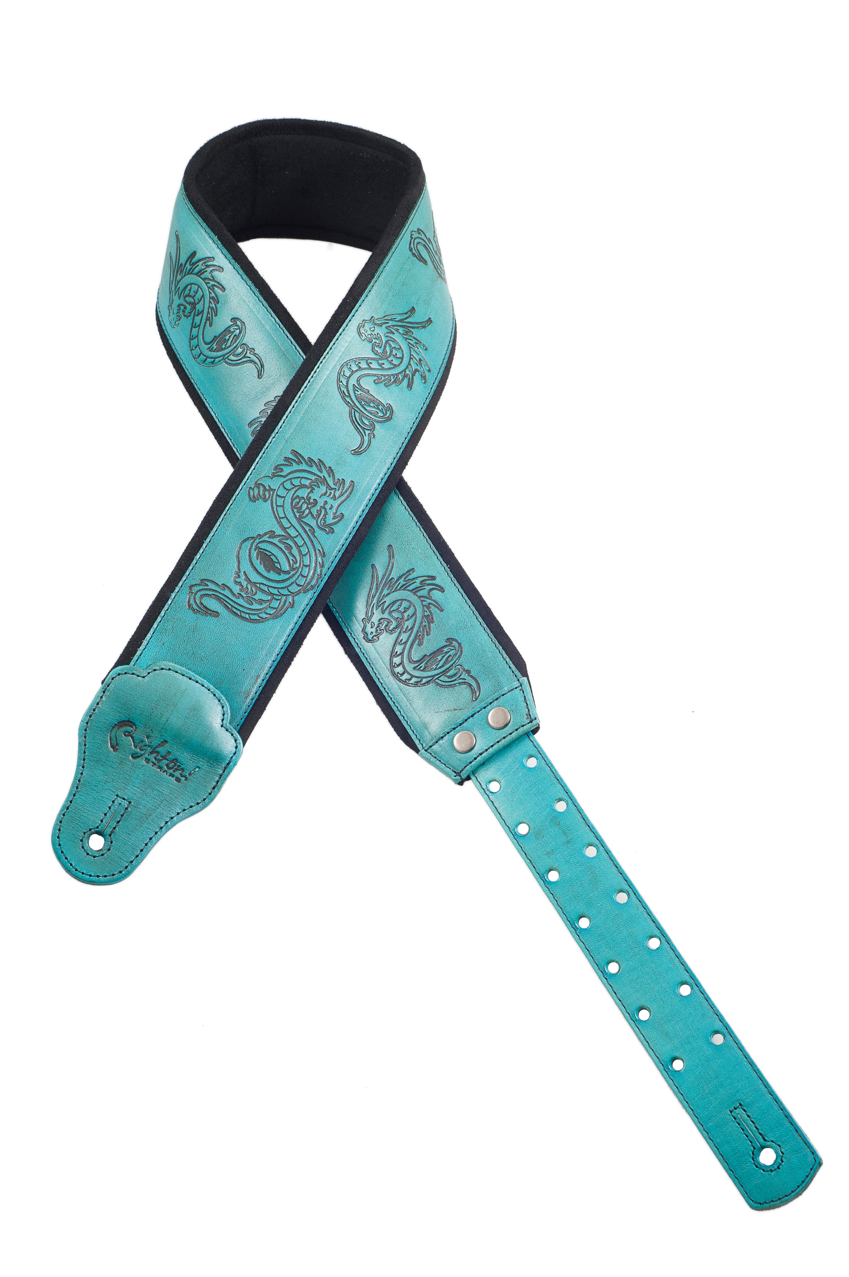 Right On Straps LEATHERCRAFT Dragons Teal Guitar Strap