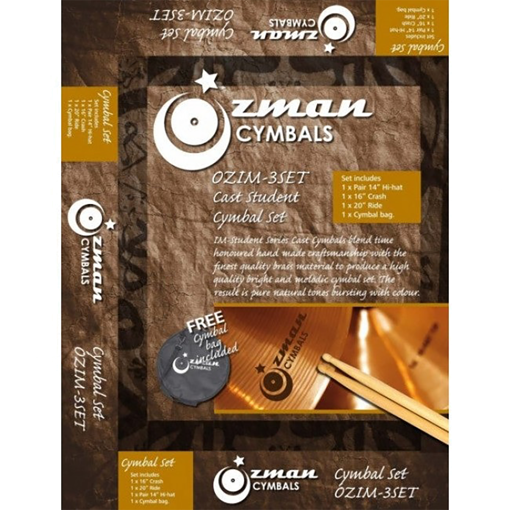 Ozman OZIM-3SET Cymbal Box Set 14in HiHats  16in Crash  20in Ride with Free Cymbal Bag